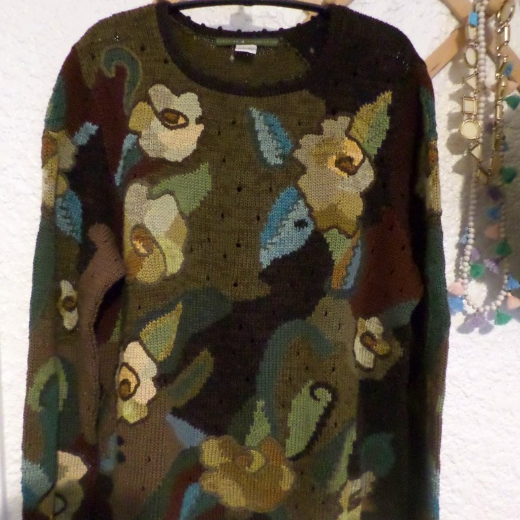 Peruvian Connection Brown Floral Pima Cotton Sweater Sz L